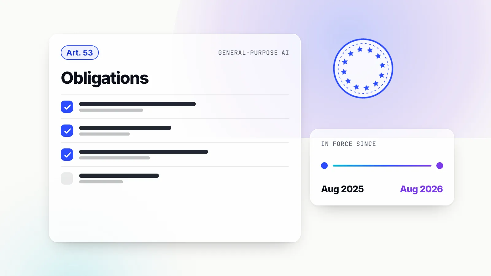 Illustration of a rulebook titled Obligations with an Article 53 badge and a checklist of three checked items and one unchecked, a seal of twelve stars, and a timeline from August 2025 to August 2026.